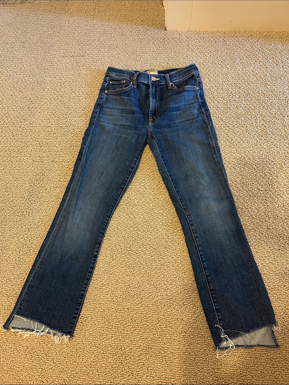 MOTHER Dark Blue Flare Jeans with Raw Hem
